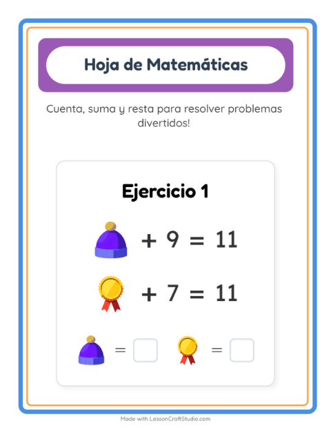 Vista previa de la hoja de Ficha Matemática con Accesorios para jardín infantil