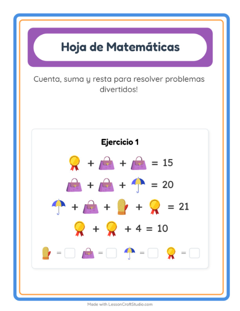 Vista previa de la hoja de Ficha Matemática con Accesorios para jardín infantil