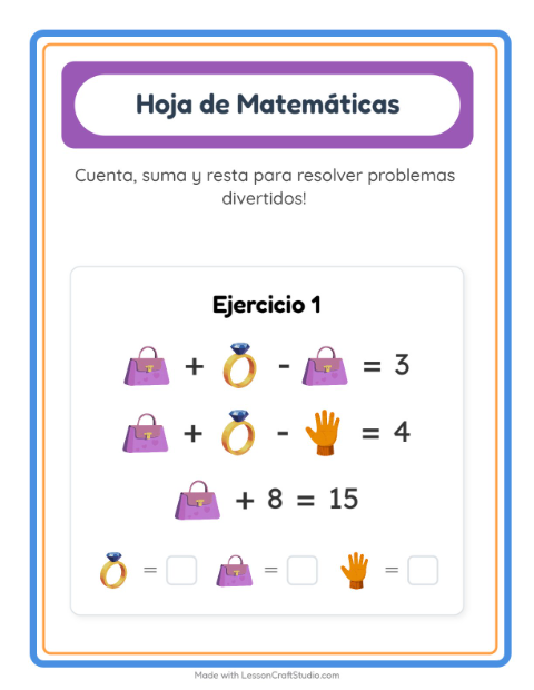 Vista previa de la hoja de Ficha Matemática con Accesorios para jardín infantil