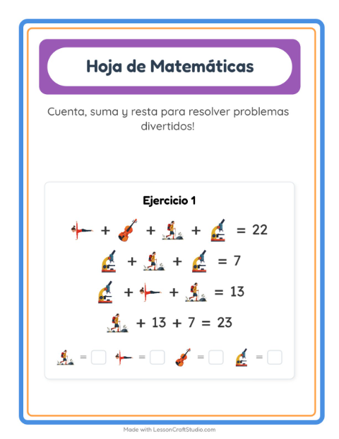 Vista previa de la hoja de Ficha Matemática con Actividades para jardín infantil