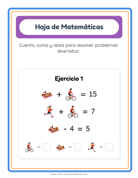 Vista previa de la hoja de Ficha Matemática con Actividades para jardín infantil