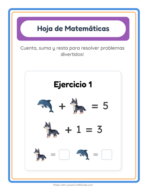 Vista previa de la hoja de Ficha Matemática con Animales para jardín infantil