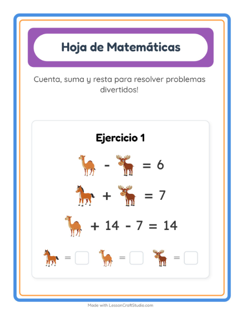 Vista previa de la hoja de Ficha Matemática con Animales para jardín infantil