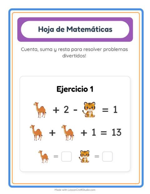 Vista previa de la hoja de Ficha Matemática con Animales para jardín infantil