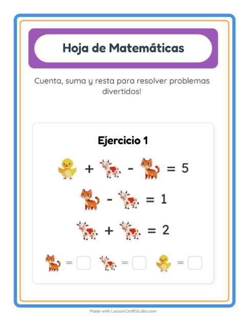 Vista previa de la hoja de Ficha Matemática con Animales de granja para jardín infantil