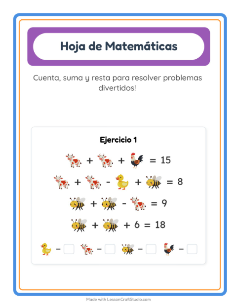 Vista previa de la hoja de Ficha Matemática con Animales de granja para jardín infantil