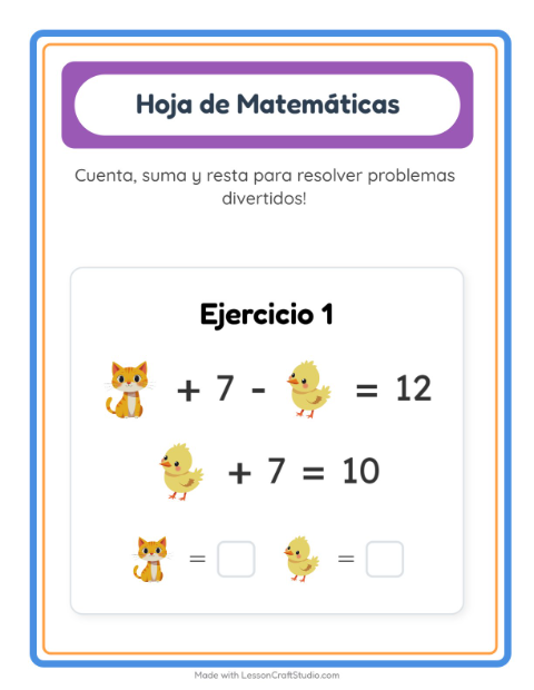 Vista previa de la hoja de Ficha Matemática con Animales de granja para jardín infantil