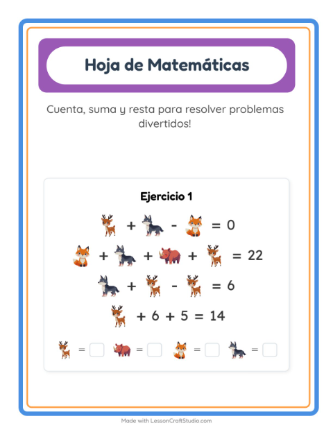 Vista previa de la hoja de Ficha Matemática con Animales del zoológico para jardín infantil