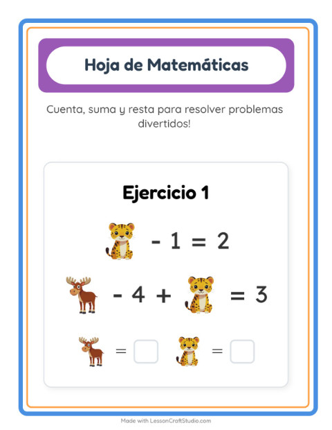 Vista previa de la hoja de Ficha Matemática con Animales del zoológico para jardín infantil