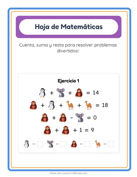 Vista previa de la hoja de Ficha Matemática con Animales para jardín infantil