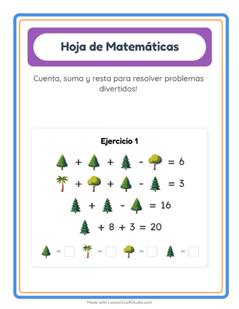 Vista previa de la hoja de Ficha Matemática con Árboles para jardín infantil