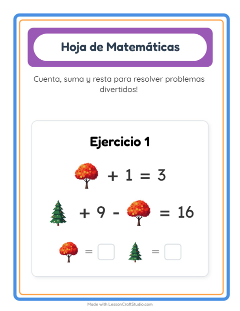 Vista previa de la hoja de Ficha Matemática con Árboles para jardín infantil