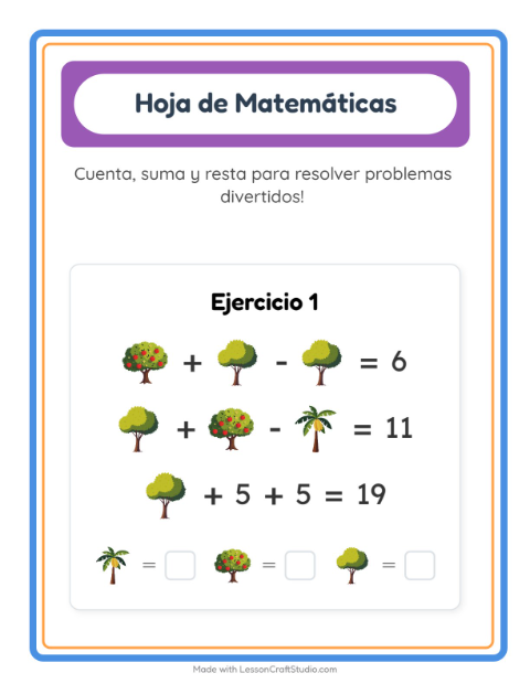 Vista previa de la hoja de Ficha Matemática con Árboles para jardín infantil