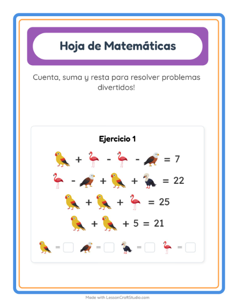 Vista previa de la hoja de Ficha Matemática con Aves para jardín infantil