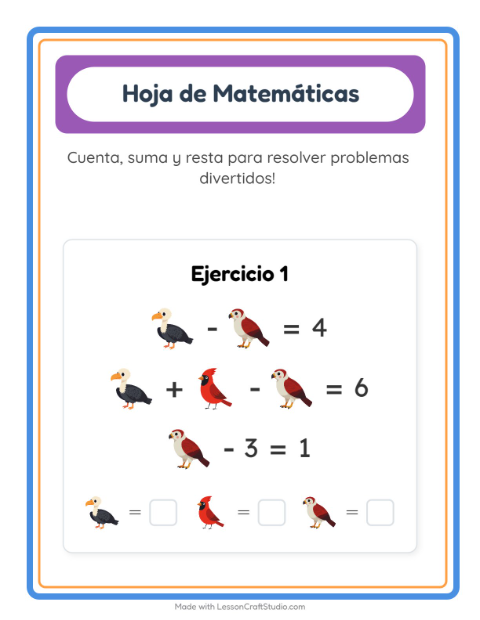 Vista previa de la hoja de Ficha Matemática con Aves 2 para jardín infantil