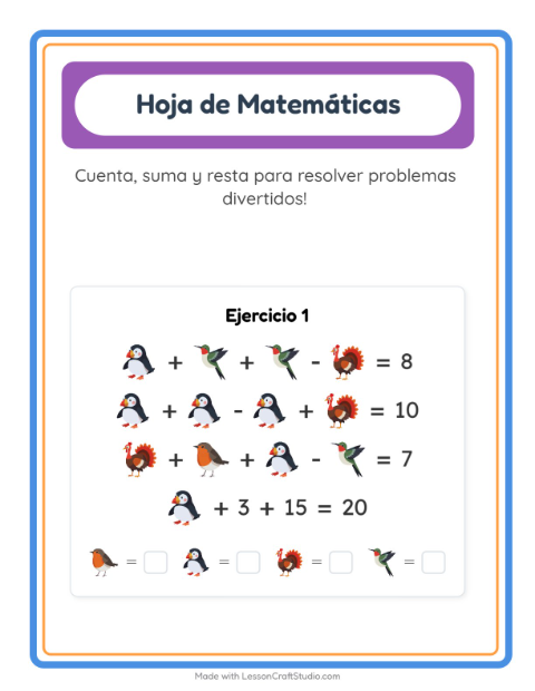 Vista previa de la hoja de Ficha Matemática con Aves 2 para jardín infantil