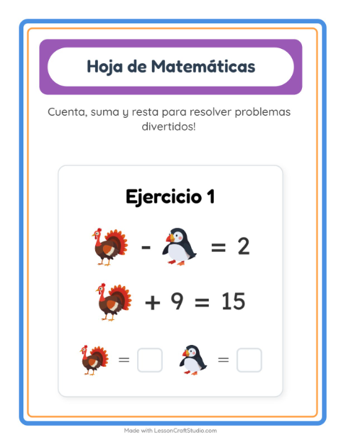 Vista previa de la hoja de Ficha Matemática con Aves 2 para jardín infantil