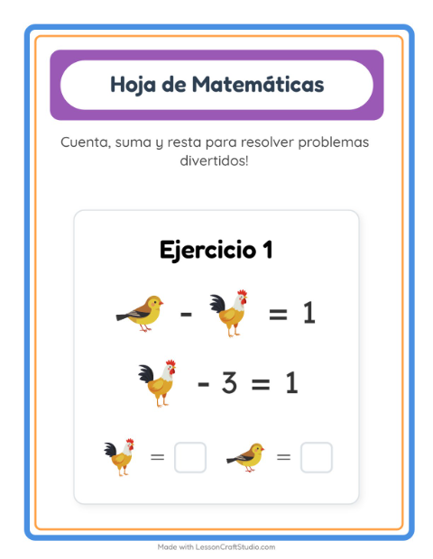 Vista previa de la hoja de Ficha Matemática con Aves 2 para jardín infantil