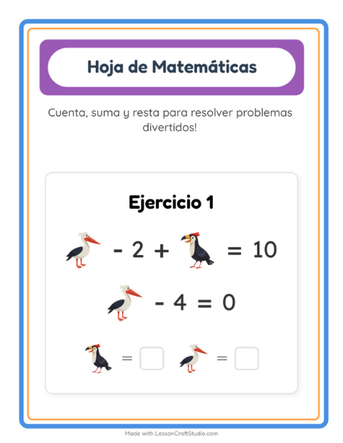 Vista previa de la hoja de Ficha Matemática con Aves para jardín infantil