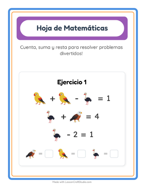 Vista previa de la hoja de Ficha Matemática con Aves para jardín infantil