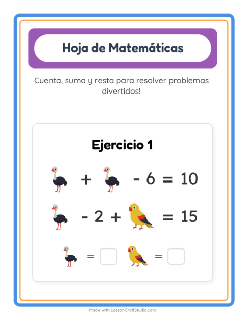Vista previa de la hoja de Ficha Matemática con Aves para jardín infantil