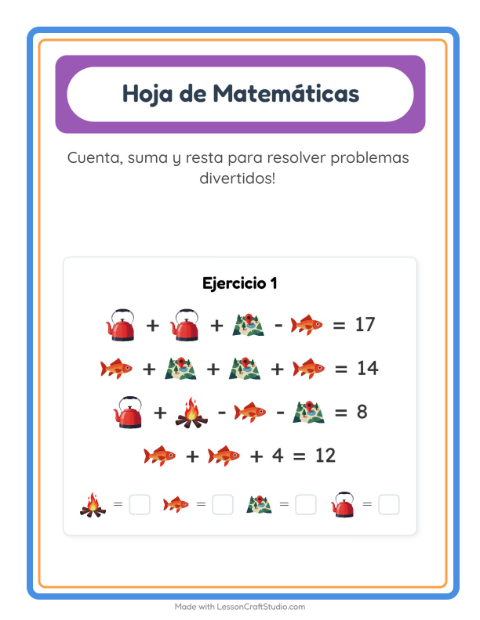 Vista previa de la hoja de Ficha Matemática con Campamento para jardín infantil