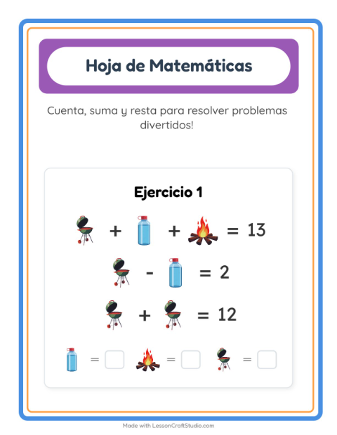 Vista previa de la hoja de Ficha Matemática con Campamento para jardín infantil
