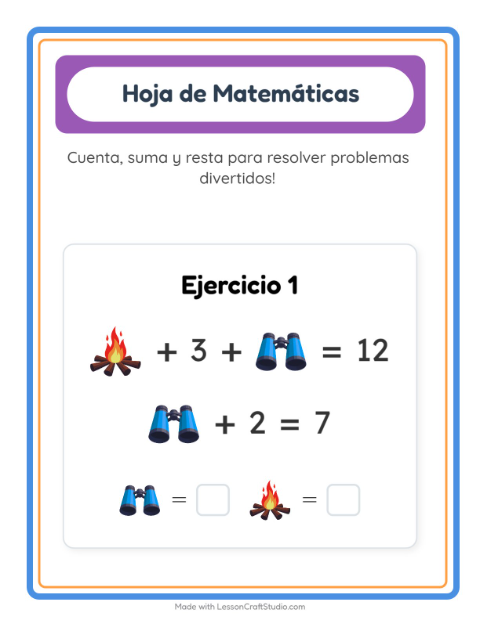 Vista previa de la hoja de Ficha Matemática con Campamento para jardín infantil