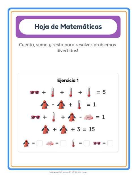 Vista previa de la hoja de Ficha Matemática con Clima para jardín infantil