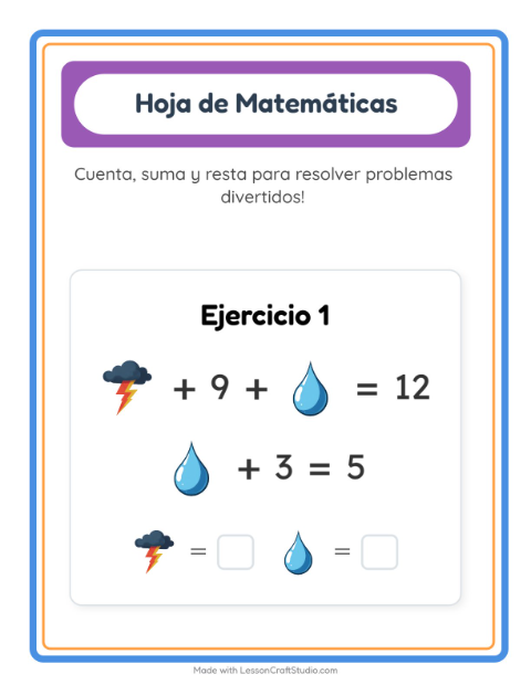 Vista previa de la hoja de Ficha Matemática con Clima para jardín infantil