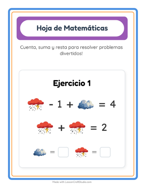 Vista previa de la hoja de Ficha Matemática con Clima para jardín infantil