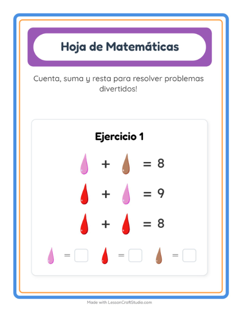 Vista previa de la hoja de Ficha Matemática con Colores para jardín infantil