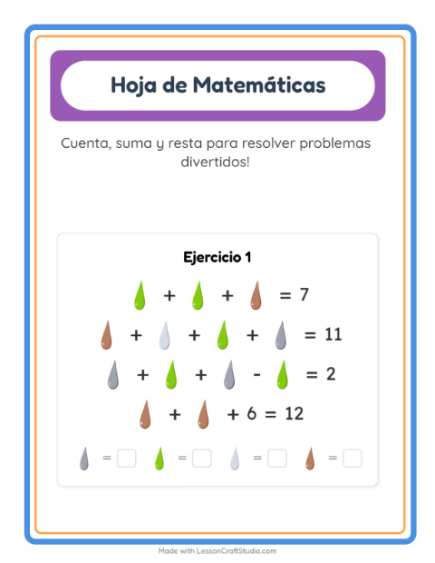 Vista previa de la hoja de Ficha Matemática con Colores para jardín infantil