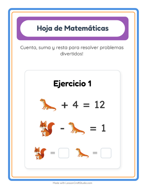 Vista previa de la hoja de Ficha Matemática con Criaturas del bosque para jardín infantil