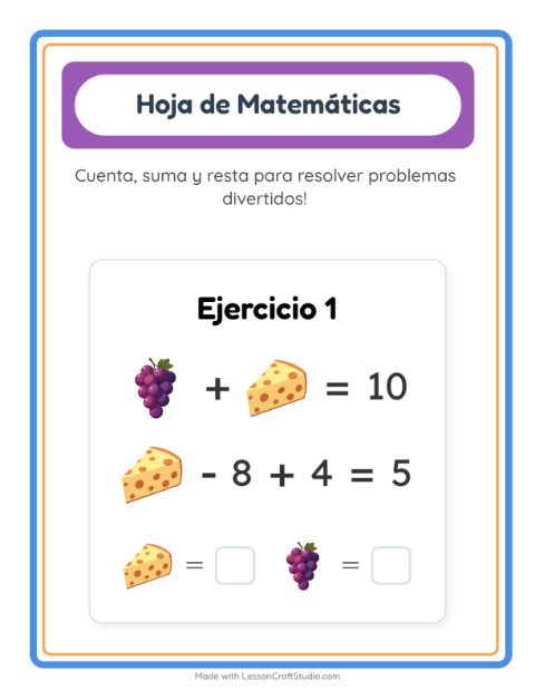 Vista previa de la hoja de Ficha Matemática con Desayuno para jardín infantil