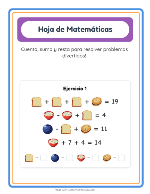Vista previa de la hoja de Ficha Matemática con Desayuno para jardín infantil