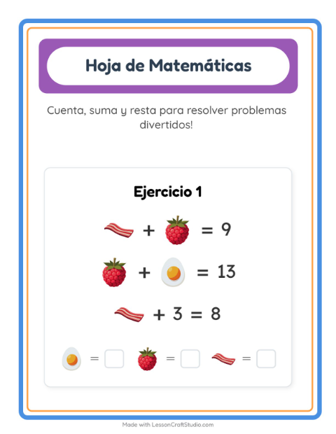 Vista previa de la hoja de Ficha Matemática con Desayuno para jardín infantil