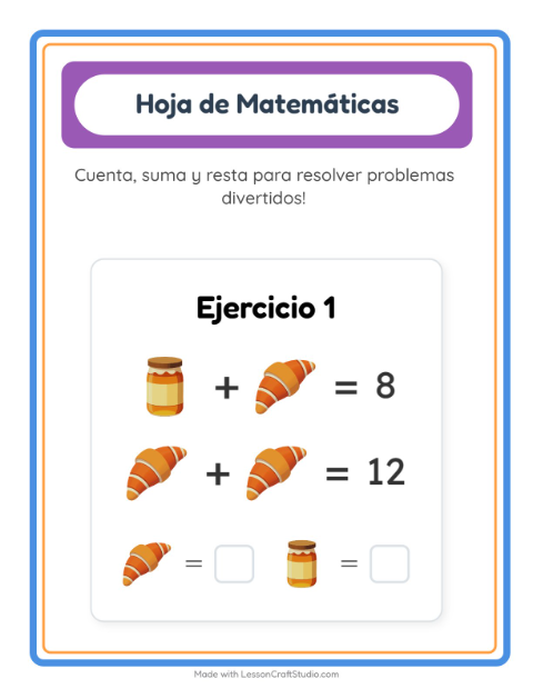 Vista previa de la hoja de Ficha Matemática con Desayuno para jardín infantil