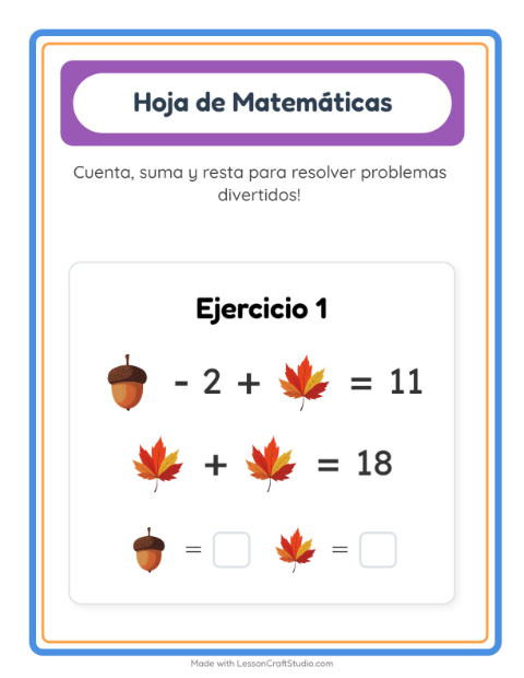 Vista previa de la hoja de Ficha Matemática con Día de Acción de Gracias para jardín infantil