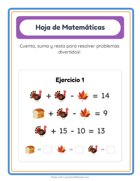 Vista previa de la hoja de Ficha Matemática con Día de Acción de Gracias para jardín infantil