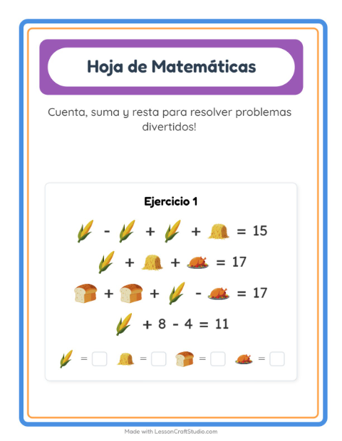Vista previa de la hoja de Ficha Matemática con Día de Acción de Gracias para jardín infantil