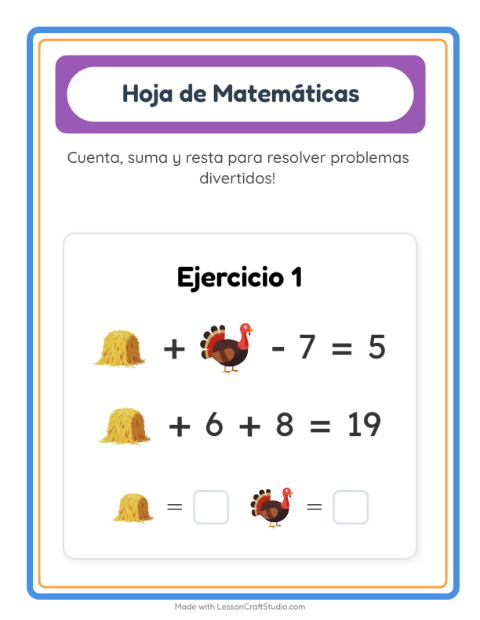 Vista previa de la hoja de Ficha Matemática con Día de Acción de Gracias para jardín infantil