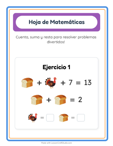 Vista previa de la hoja de Ficha Matemática con Día de Acción de Gracias para jardín infantil