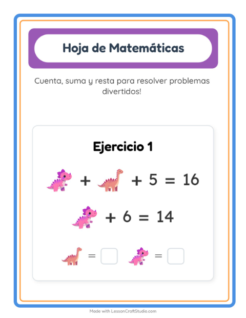 Vista previa de la hoja de Ficha Matemática con Dinosaurios para jardín infantil