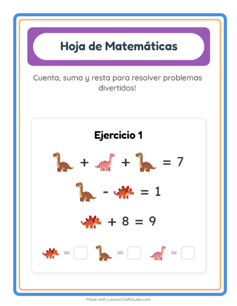 Vista previa de la hoja de Ficha Matemática con Dinosaurios para jardín infantil