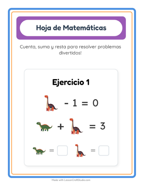 Vista previa de la hoja de Ficha Matemática con Dinosaurios para jardín infantil