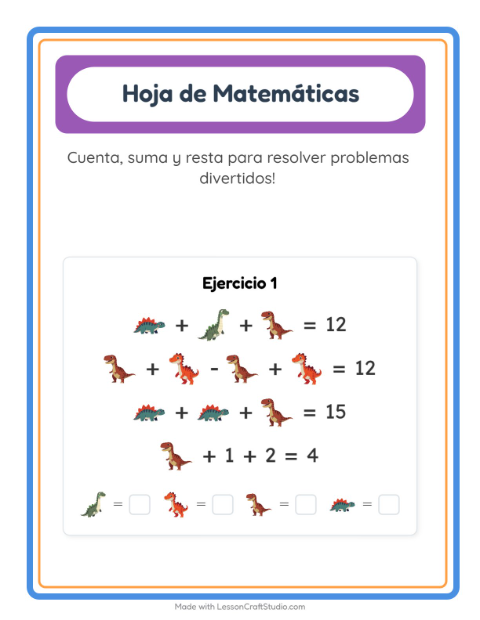 Vista previa de la hoja de Ficha Matemática con Dinosaurios para jardín infantil