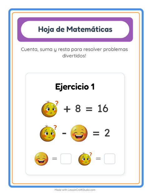 Vista previa de la hoja de Ficha Matemática con Emociones para jardín infantil