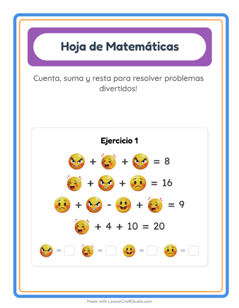 Vista previa de la hoja de Ficha Matemática con Emociones para jardín infantil