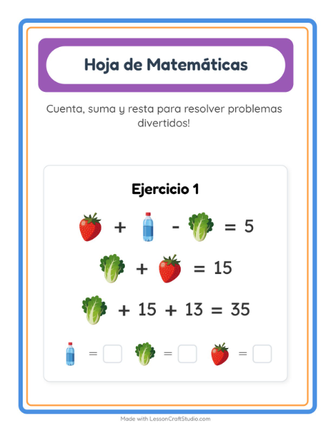 Vista previa de la hoja de Ficha Matemática con En el supermercado para jardín infantil